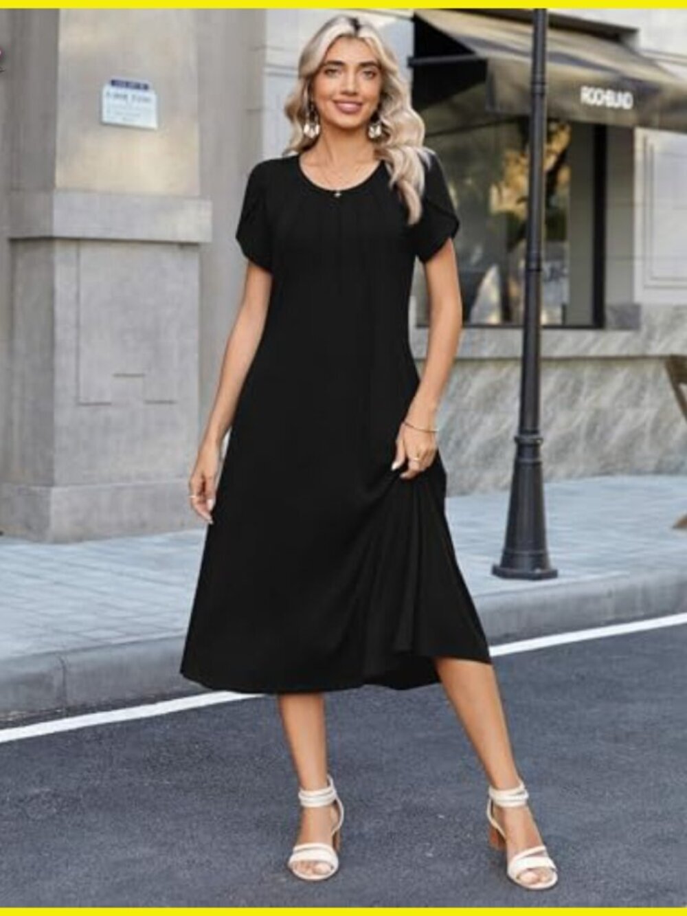 Pleated Midi Dress Boho Casual Summer Flowy A-Line Petal Sleeve Chic - Picture 4 of 7